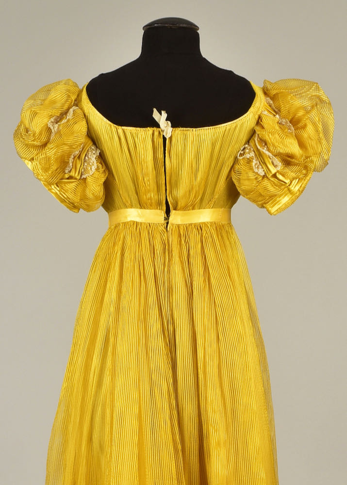 Evening Dress, silk and blonde lace, 1815, said to have been worn by Miss Mary Ann Knapp and Miss Sarah Ann Knapp, who were born in 1802 and 1803, respectively, Helen Larson private collection sold by Whitakers Auctions
