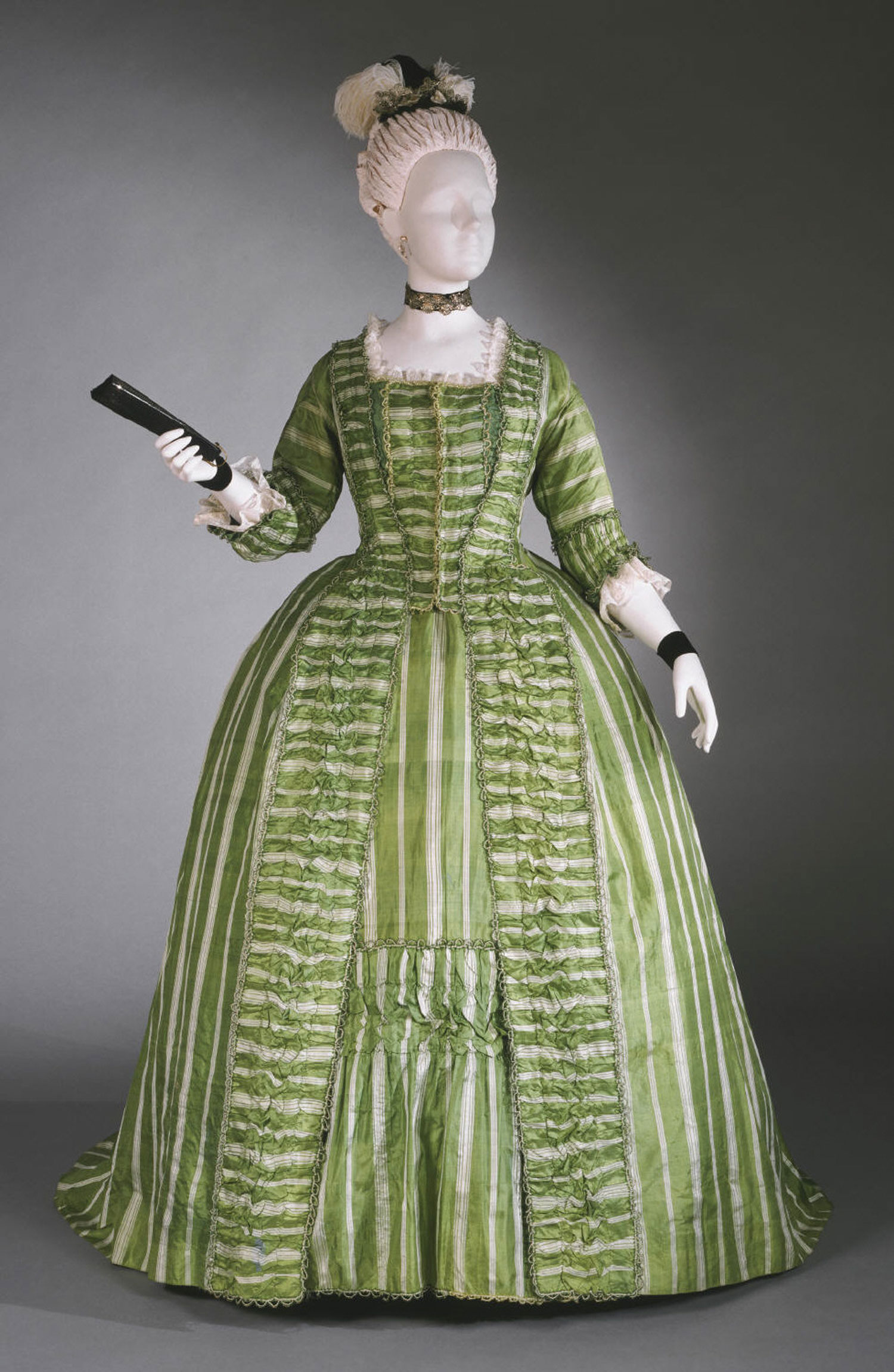 Robe Ã  la franÃ§aise with attached stomacher and matching petticoat French, c. 1770-1780, silk, imported from China, with silk trim, Philadelphia Museum of Art 1981-9-2a,b