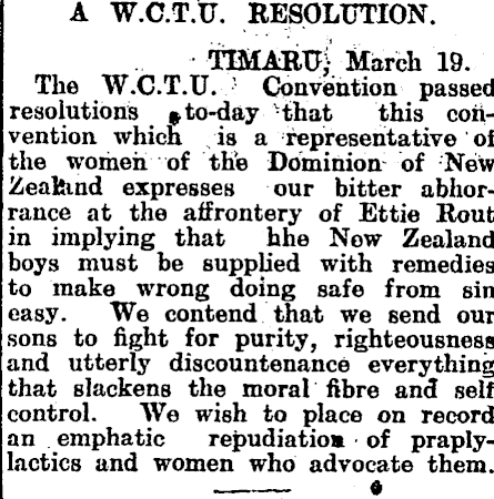 Grey River Argus, 20 March 1918, WCTU object to Ettie Rout's suggestion that NZ troops should be supplied with prophylactic kits