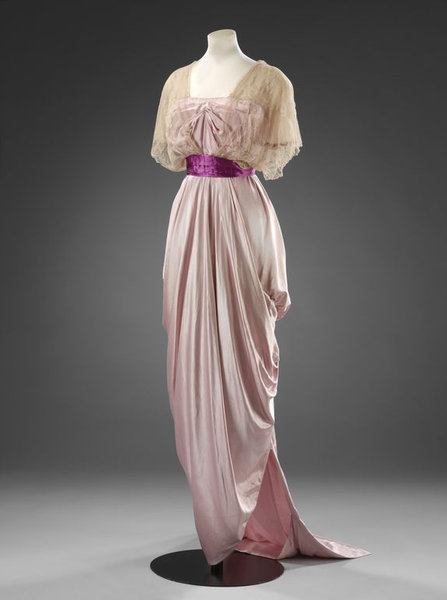 Evening dress, 1912, England, Jays Ltd. Satin with machine lace, Victoria & Albert Museum T.49-1981
