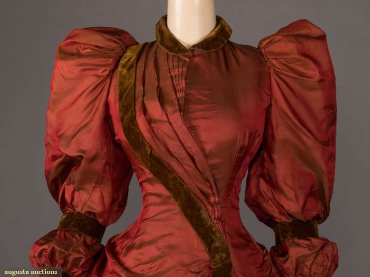 Changeable silk dinner gown, c. 1895, Brick red to olive green silk faille gown with gigot sleeves, sold by Augusta Auctions November 13th, 2019, NYC New York City