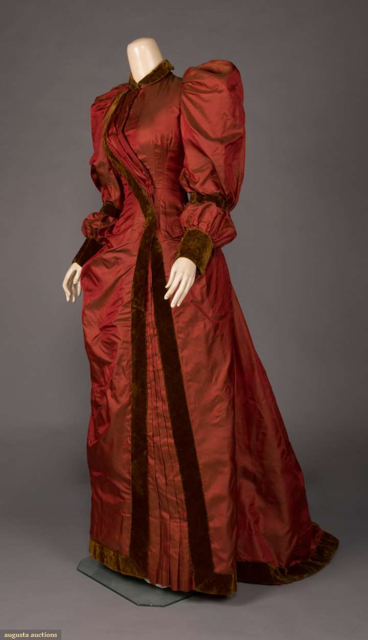 Changeable silk dinner gown, c. 1895, Brick red to olive green silk faille gown with gigot sleeves, sold by Augusta Auctions November 13th, 2019, NYC New York City
