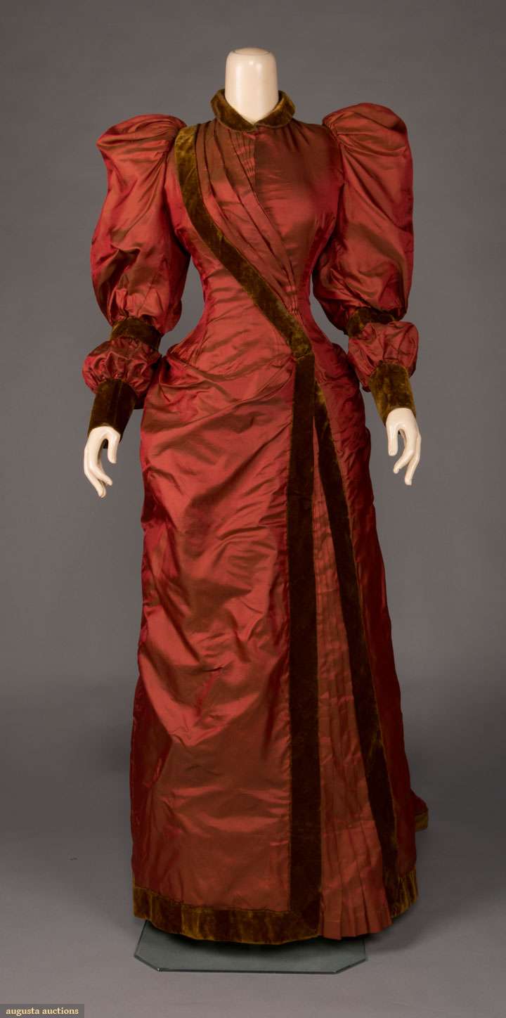 Changeable silk dinner gown, c. 1895,  Brick red to olive green silk faille gown with gigot sleeves, sold by Augusta Auctions November 13th, 2019, NYC New York City