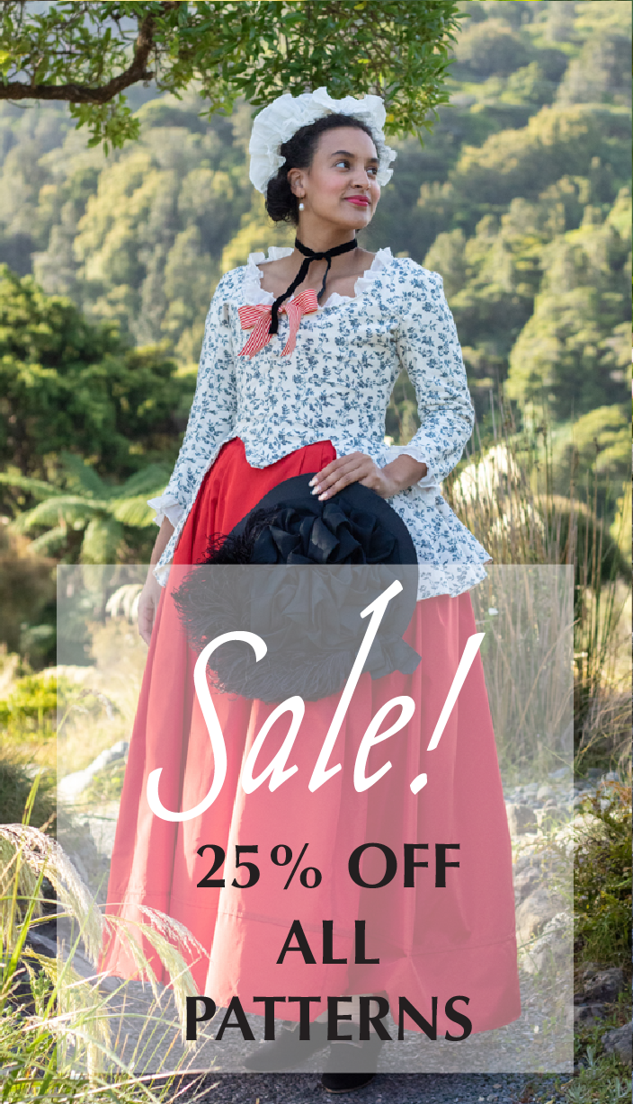 Image of a woman wearing a blue and white floral 18th century jacket over a red silk skirt, with the text 'Sale, 25% off All Patterns'