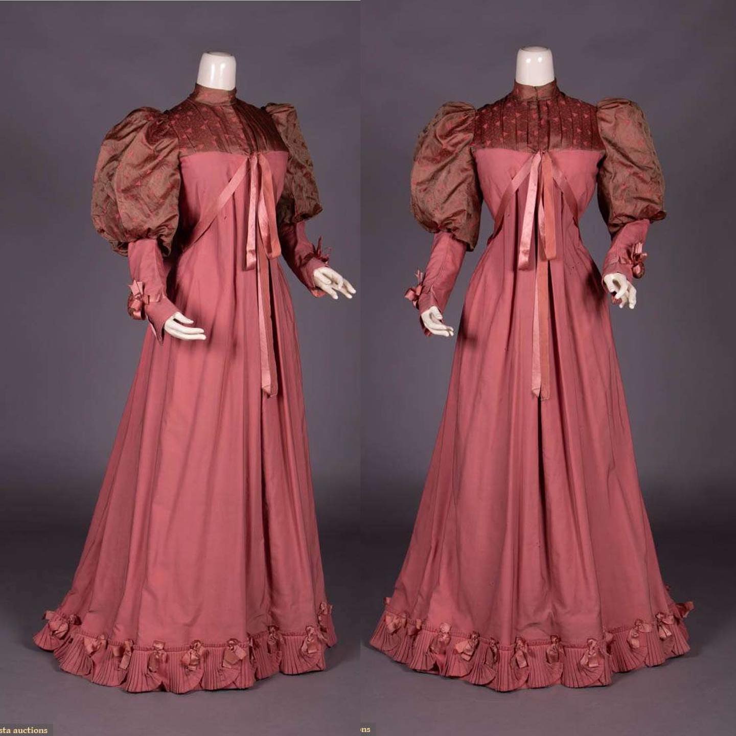 Image shows two front angles of an aesthetic movement tea gown in dusty rose pink, with brown-pink gigot sleeves