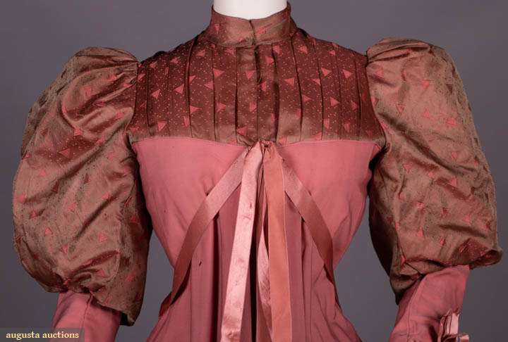 Aesthetic movement tea gown, c. 1895, silk yoke and sleeves, wool body, lined in glazed cotton, sold by Augusta Auctions, February 22, 2022