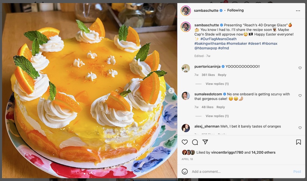 Image shows an instagram feed with a photograph of a orange topped cake