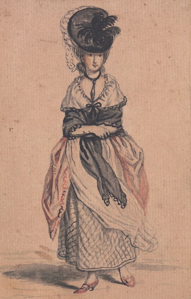 John Collet, ca. 1725–1780, British, A Lady of Fashion, ca. 1778, Pen, black ink and watercolor, Yale Center for British Art, Paul Mellon Collection, B1977.14.4966