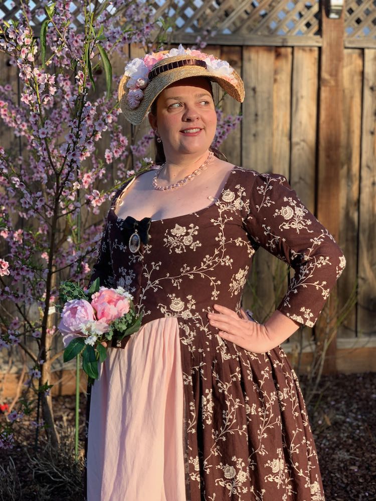 @Costuming_Drama in the 1775-1790 Aidah Gown in white floral on brown, scrooppatterns.com