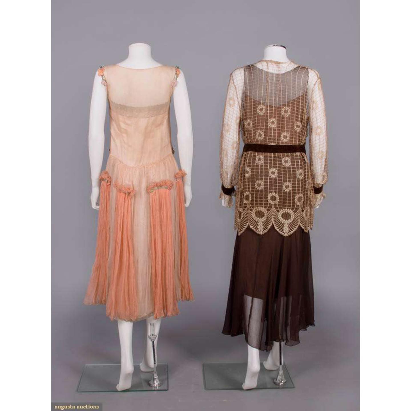 Evening dress, 1920s, Crepe chiffon over silk satin with lame ribbon applique and fine inserted edging, rhinestones, corded silk rosettes and gathered peach chiffon cascades sold by Augusta Auctions, June 2023