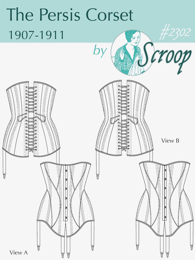 The front page of the Scroop Patterns Persis Corset (1907-11) with line drawings of a late Edwardian corset with distinctive curved front panels scrooppatterns.com