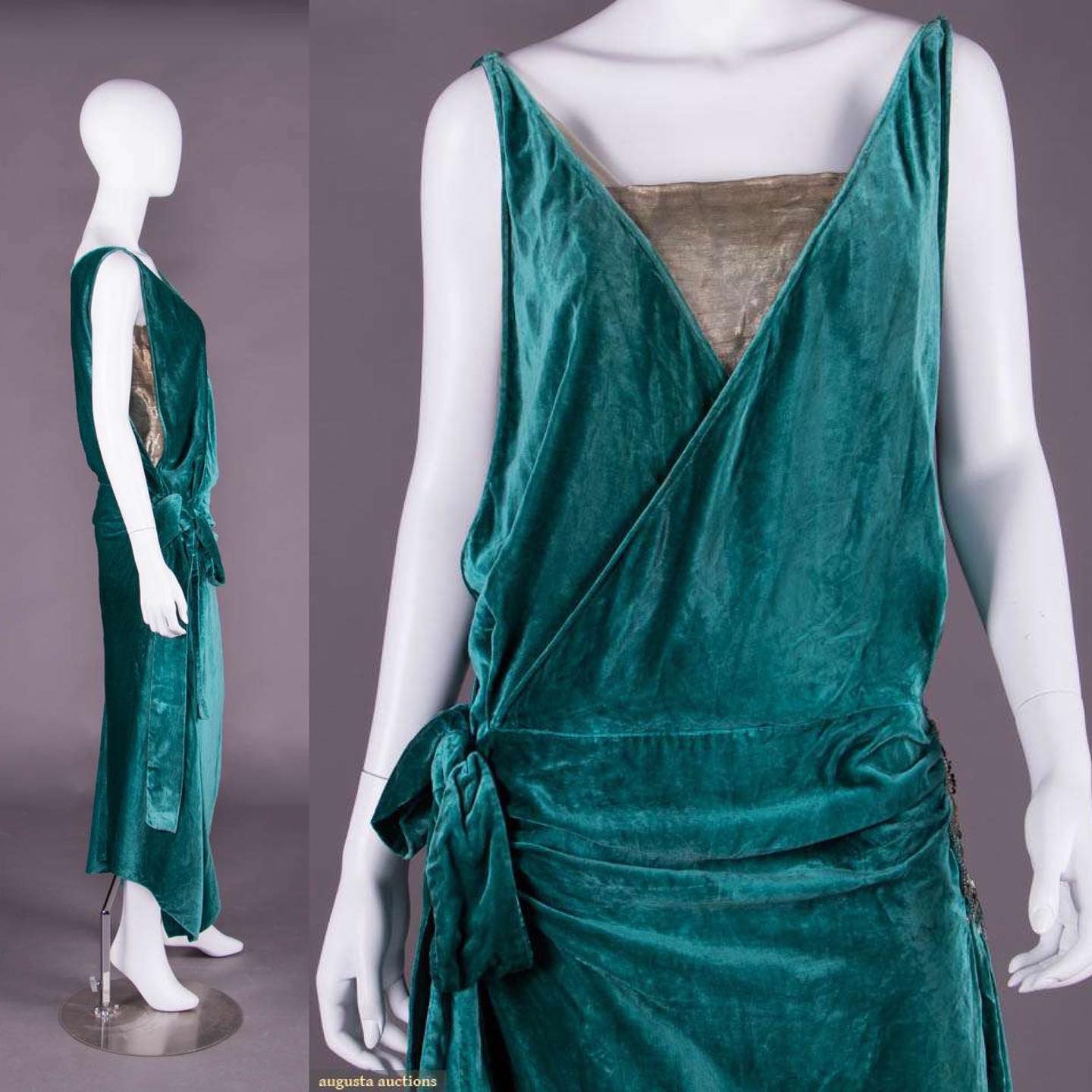Evening dress, late 1920s, silk velvet, gold lamé, flattened silver cord, crystal bugle beads, silk floss embroidery, lamé underdress, McAvoy, Chicago, sold by Augusta Auctions