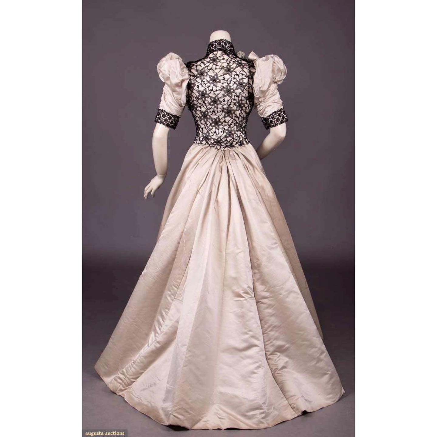 Two-piece twill silk satin gown, silk organza & chemical lace bodice w inserts of French jet beading, ca 1893, sold by Augusta Auctions