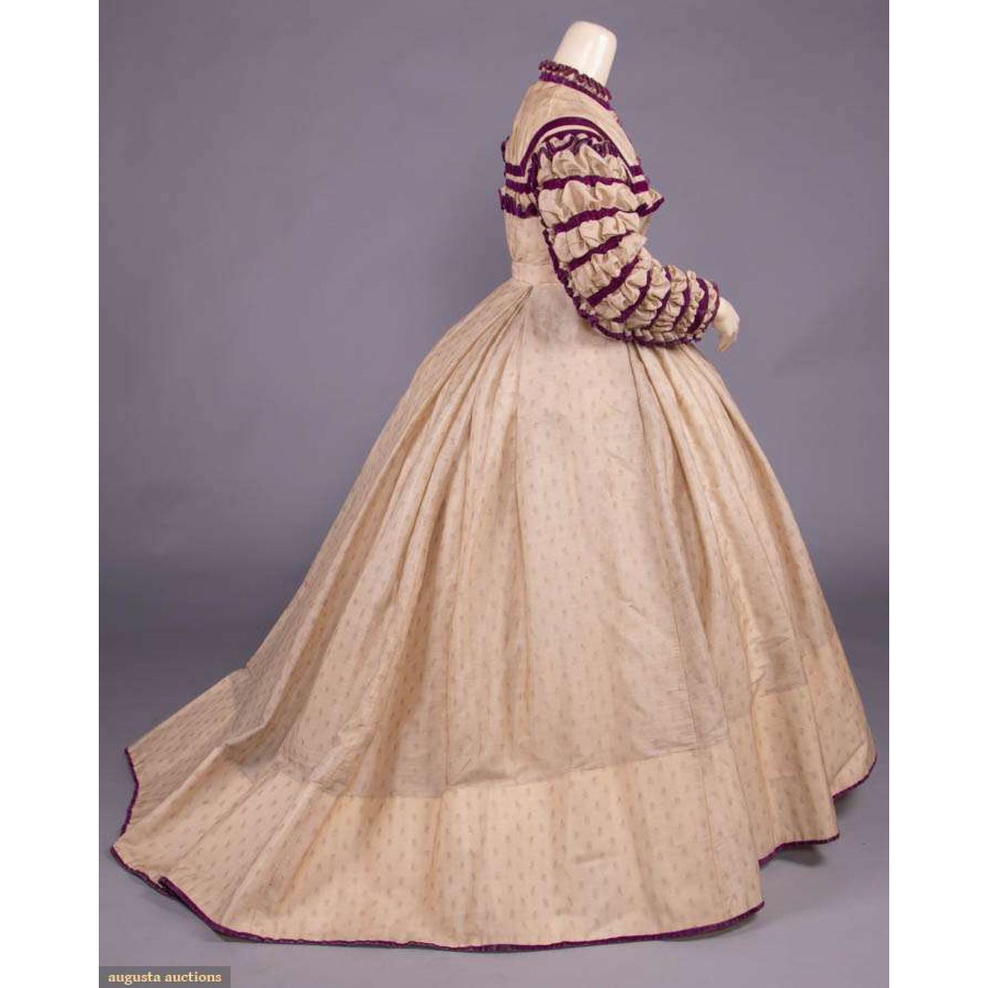 Day dress of figured barege trimmed in purple silk velvet ribbon, 1866-1867, sold by Augusta Auctions, Feb 2021