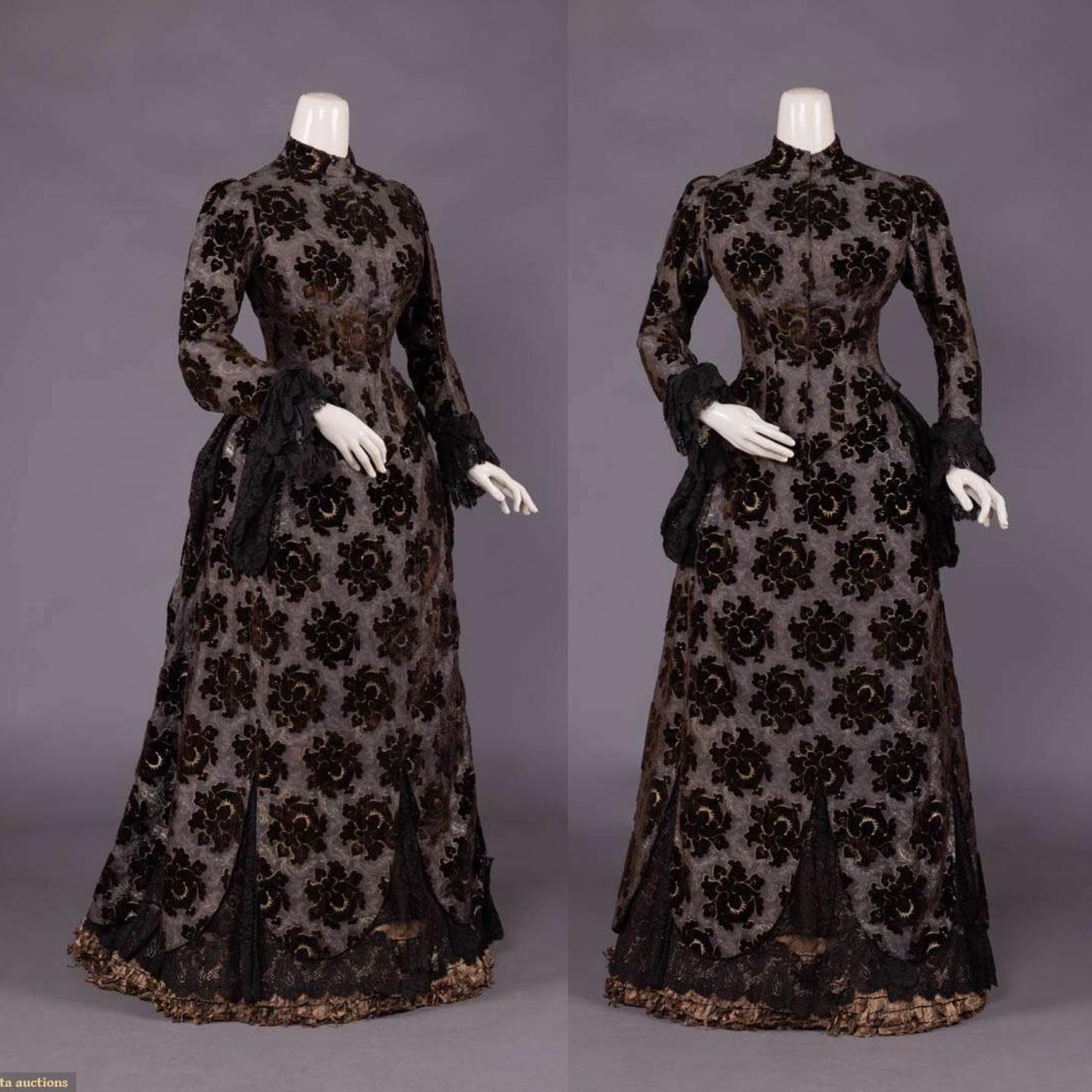 Day dress of cut velvet and patterned silk, c. 1885 Sold by Augusta Auctions, Spring Sartorial Surprise - Visions of Vintage, May, 2022 Sturbridge, MA
