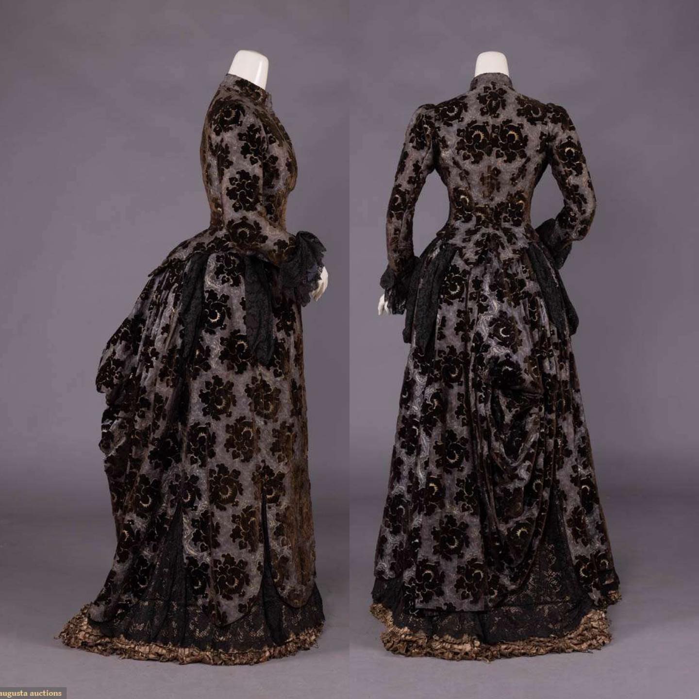 Day dress of cut velvet and patterned silk, c. 1885 Sold by Augusta Auctions, Spring Sartorial Surprise - Visions of Vintage, May, 2022 Sturbridge, MA