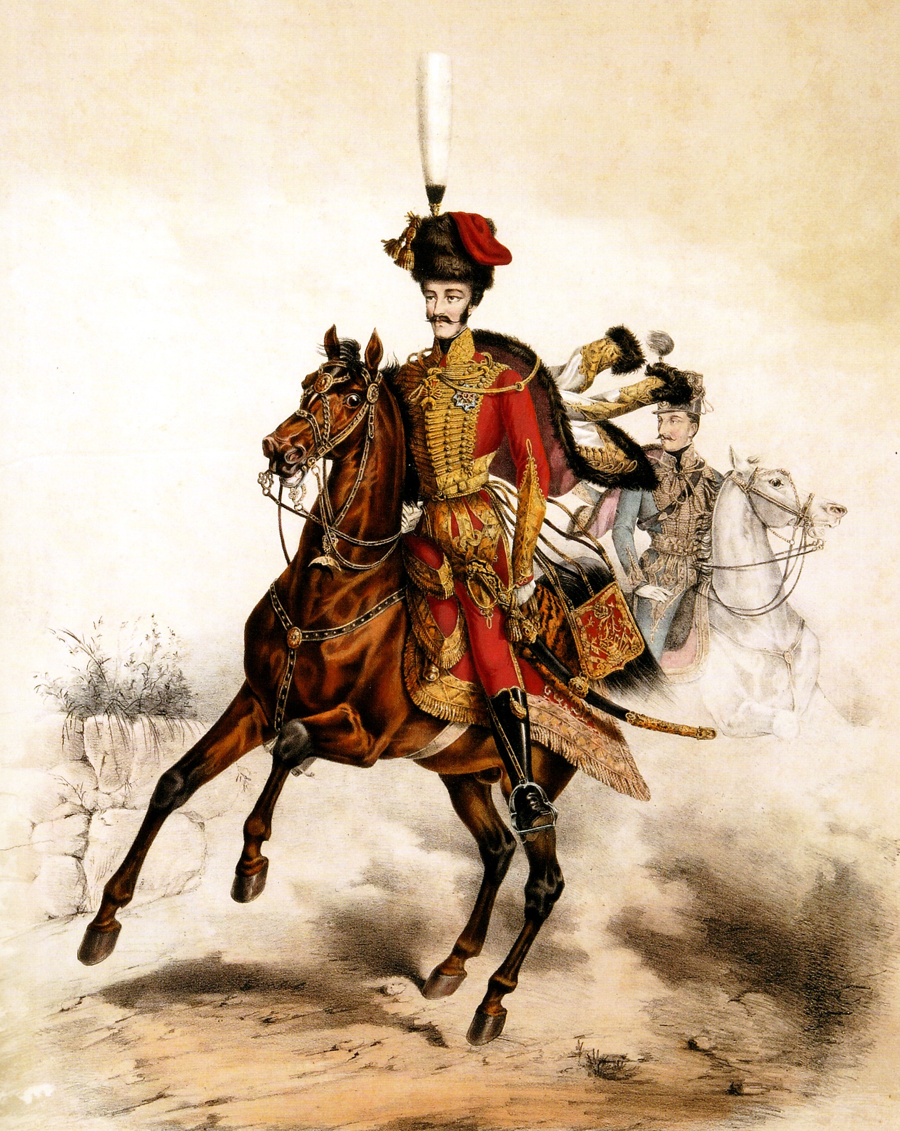 Archduke Stephen of Austria, Palatine of Hungary, in 19th-century Hungarian general's hussar style gala uniform;[1] with characteristic tight dolman jacket, loose-hanging pelisse over-jacket, and busby