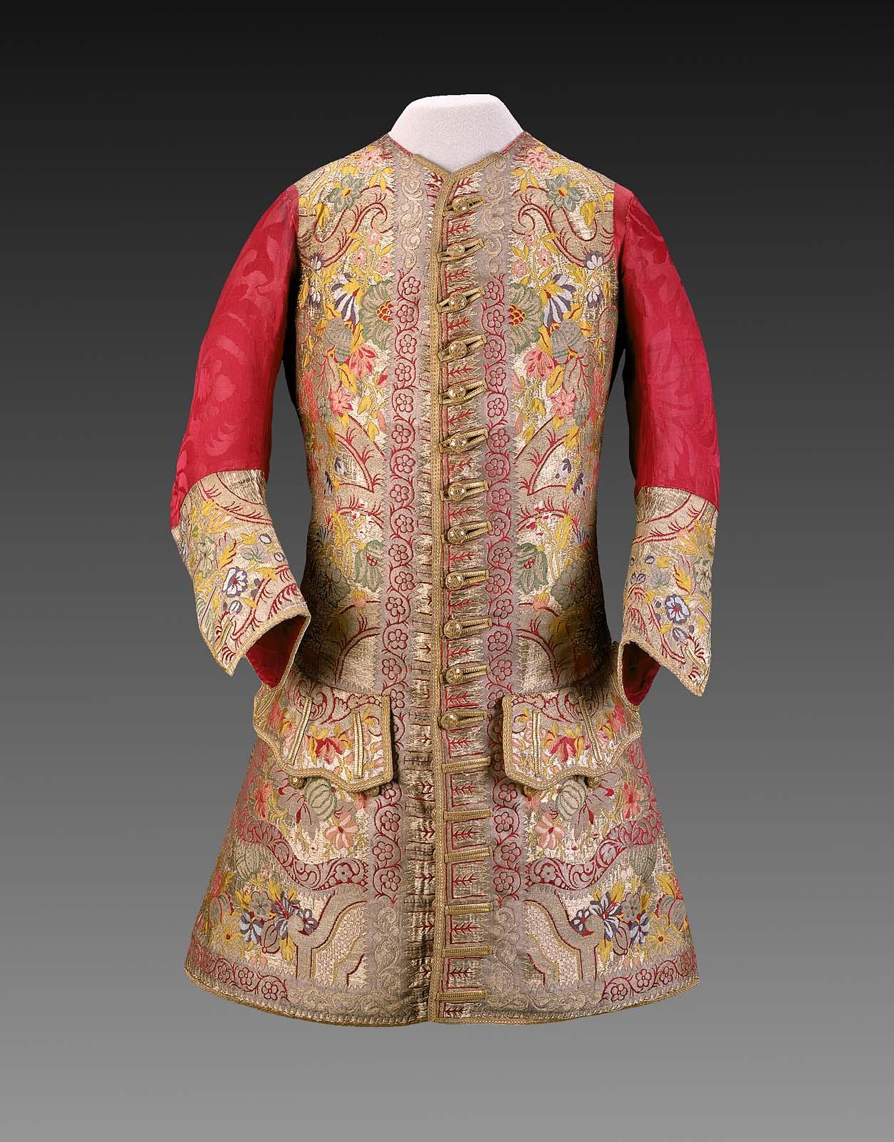 Man's sleeved waistcoat, American (English fabric) 1720s, Silk damask, brocaded with silk and metallic yarns,, MFA Boston 41.887