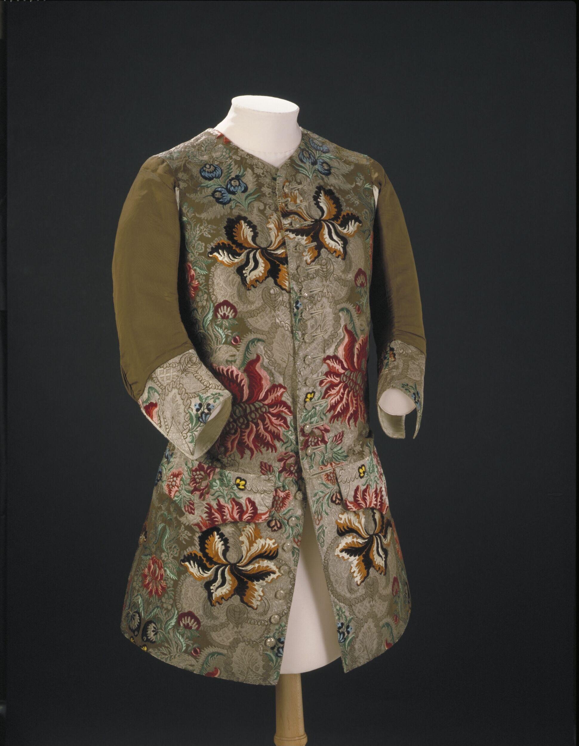 Man's waistcoat, silk brocaded with coloured silk, woven in Spitalfields, ca. 1734, VAM T72.1951