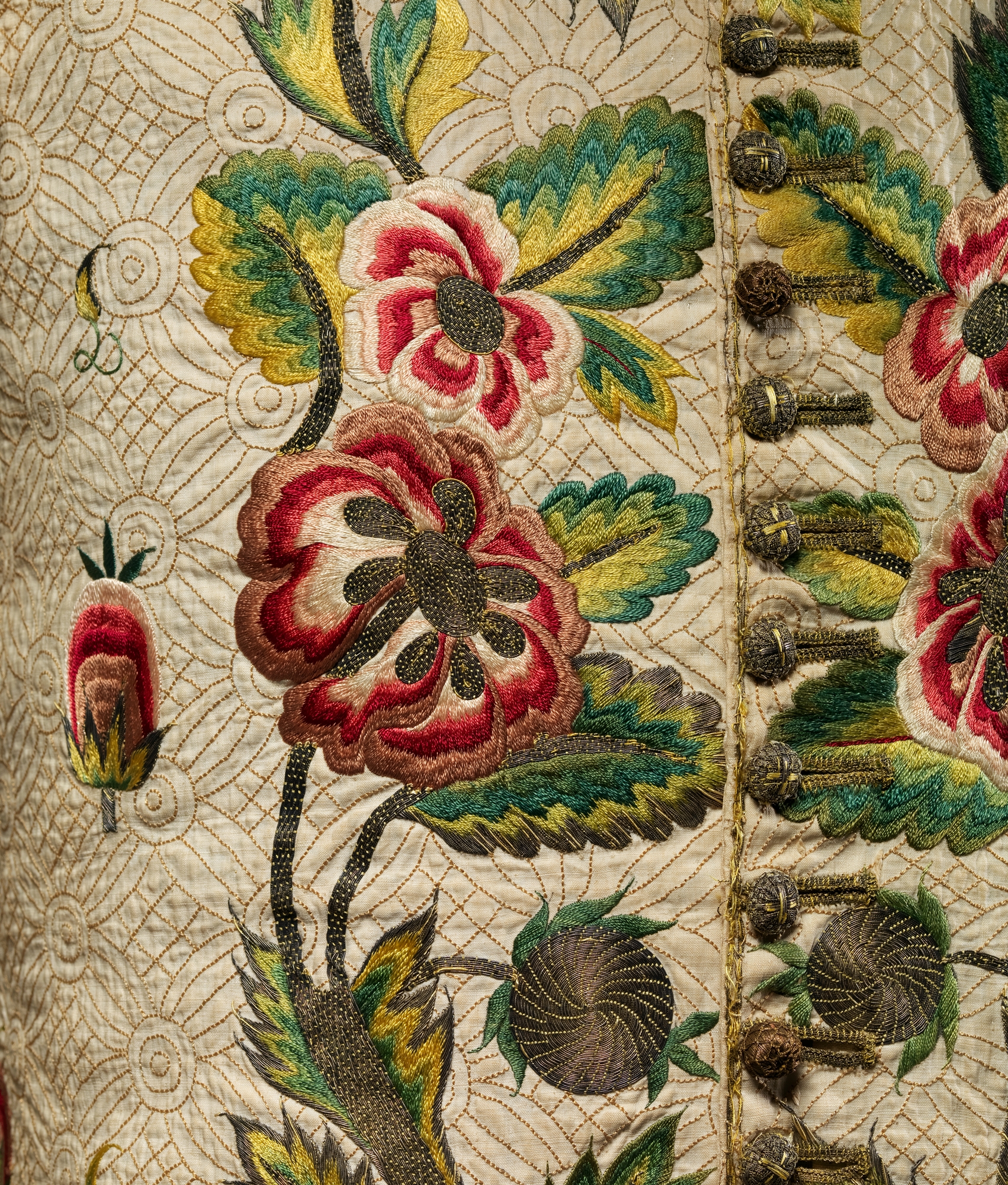 Waistcoat, early 18th century, British, linen, silk, metallic thread, Metropolitan Museum of Art, 45.49