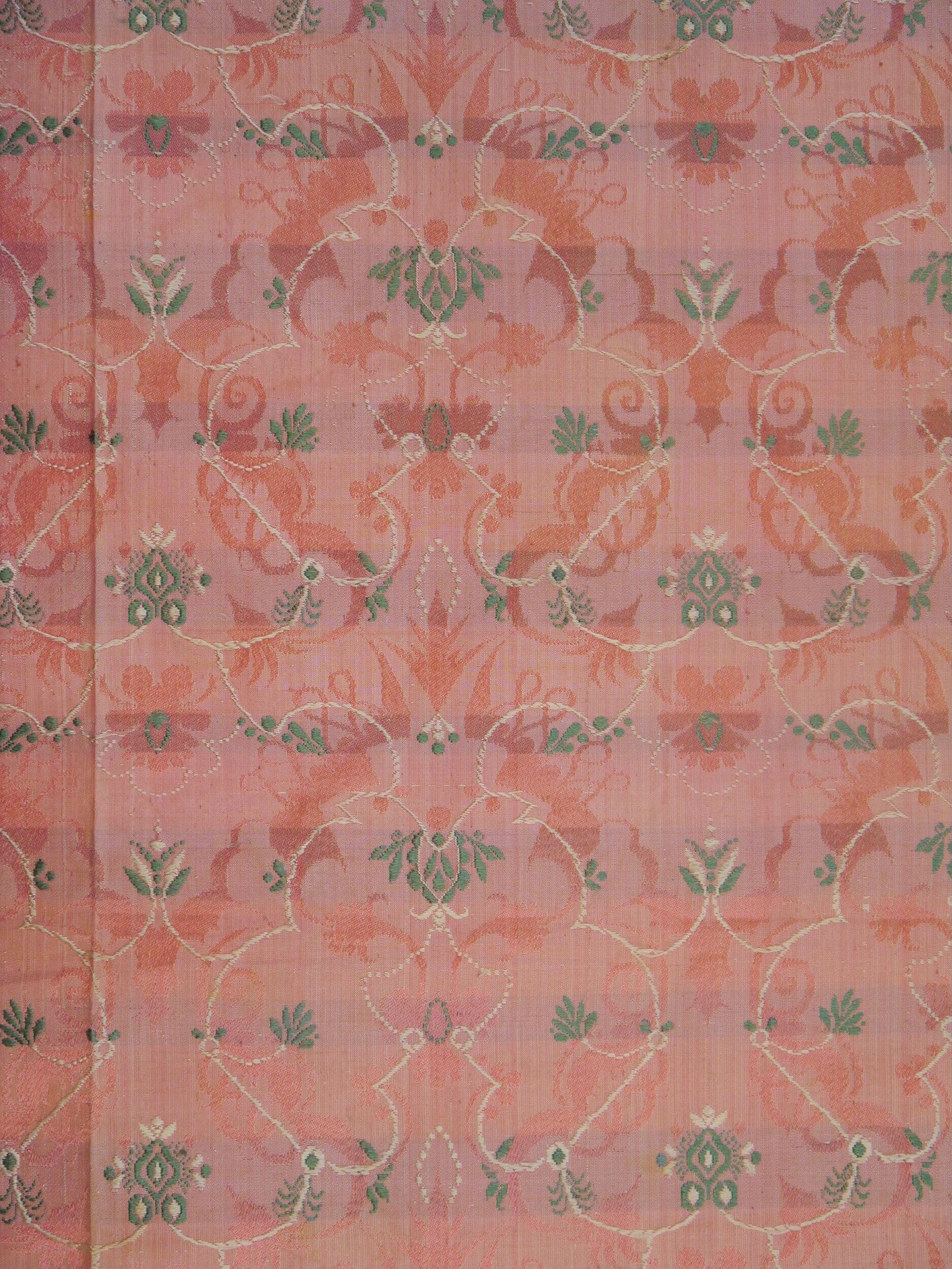 Woven silk, damask lancé with the liseré effects of the ground weft, 1675-1700, French or Italian; proto-bizarre; green and white selvedge Victoria and Albert Museum