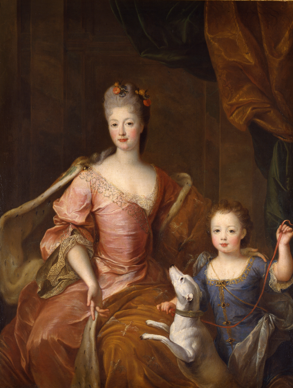 Pierre Gobert , Portrait of Élisabeth Charlotte of Orléans (1676-1744) with her oldest son, Louis of Lorraine (1704-1711)