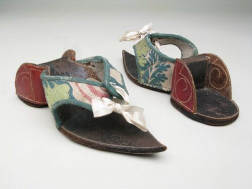 Patten Shoes & Pattens, 1710-1730, Pattens made from green brocade lined cream ...