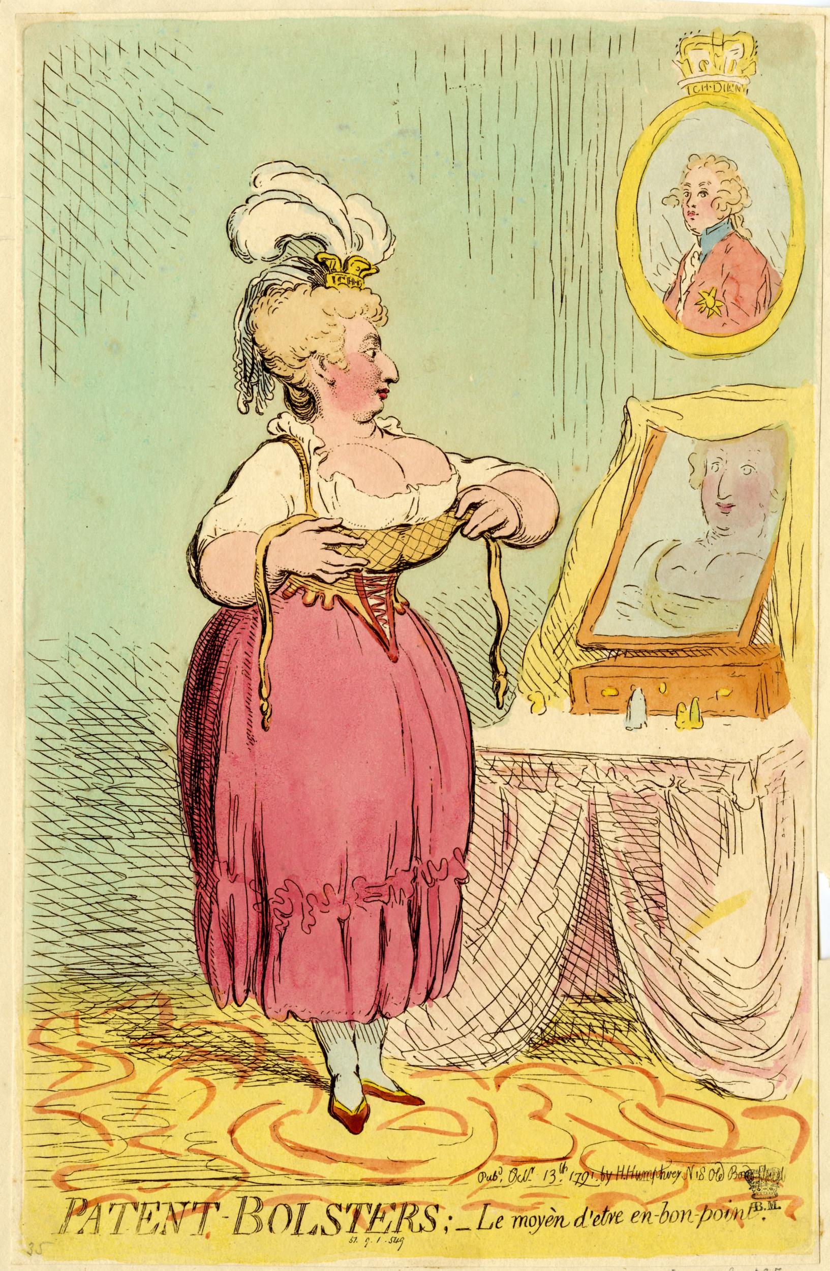 Patent-bolsters;-Le moyen d'etre en-bon-point. Satirical print mocking Mrs Fitzherbert by James Gillray Published by Hannah Humphrey, 1791