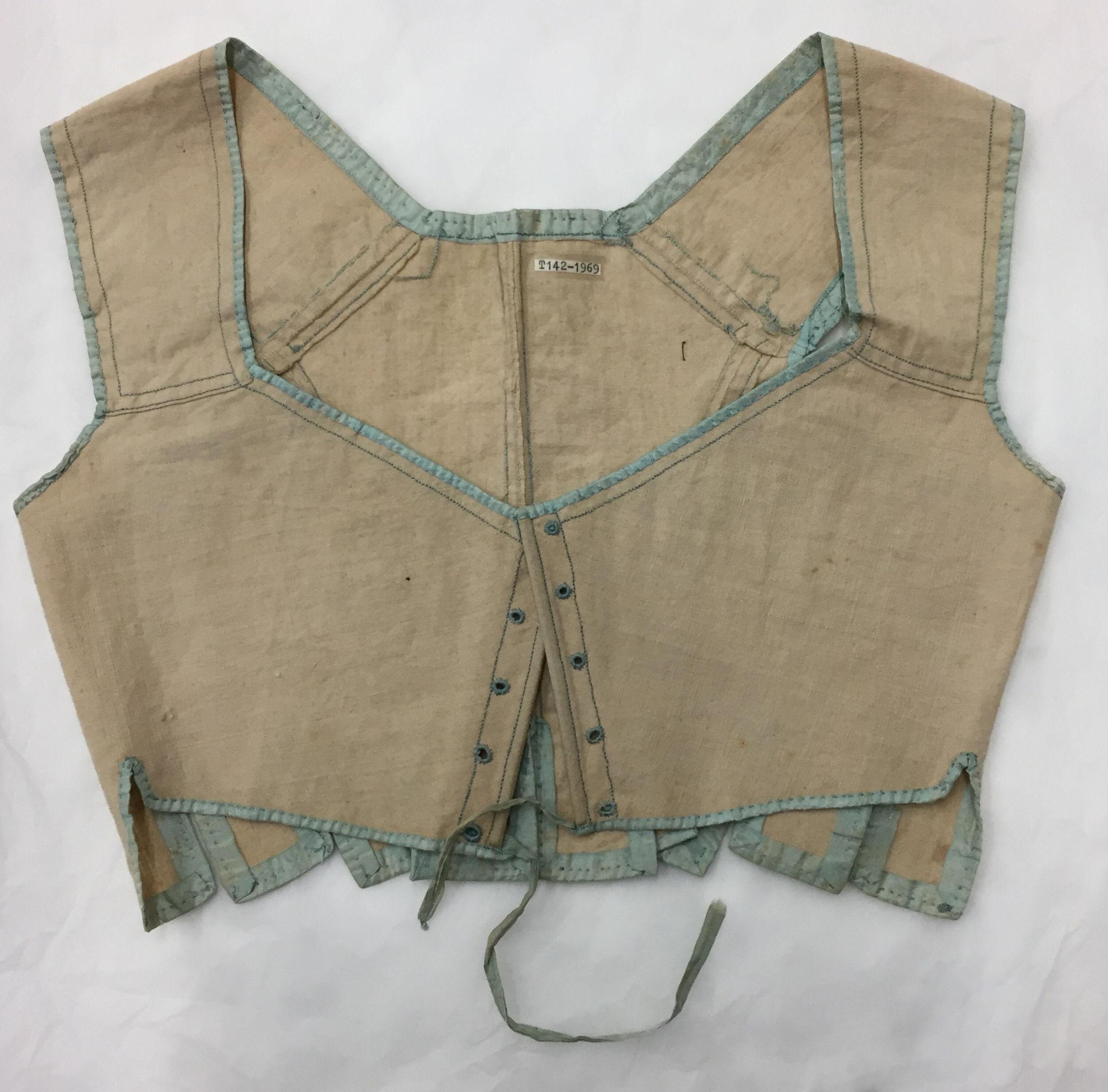 Stays or corset bodice made of linen trimmed with silk ribbon, England, ca. 1800-1815, Victoria and Albert Museum, T.142-1969
